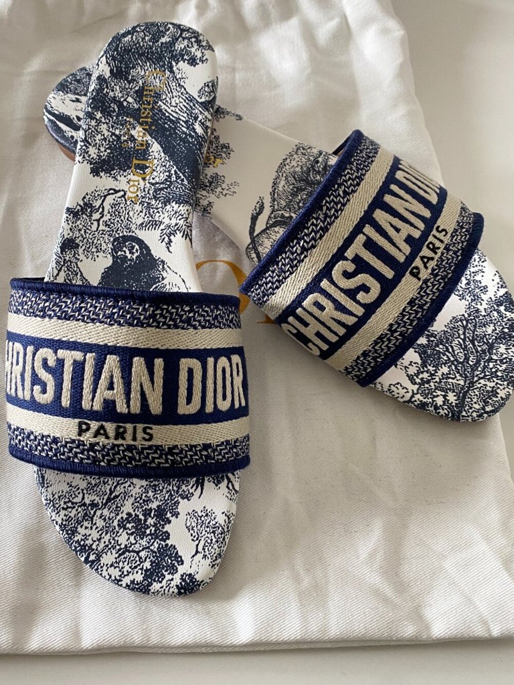 Dior Dway Navy Embroidered Cotton Slide Sandals